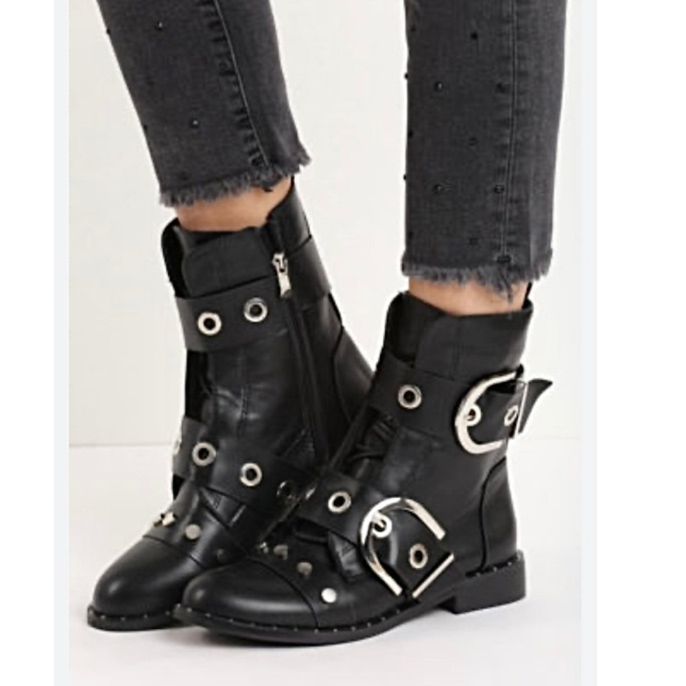 NEW Zara Studded Leather Buckled Moto Boots EU 37